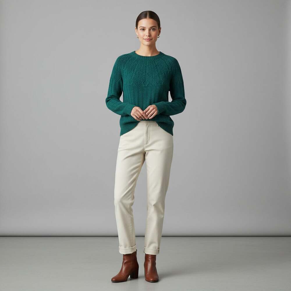 Talbots Petite Cable Knit Crewneck Sweater Women SP Teal Emerald Leaf Yoke
